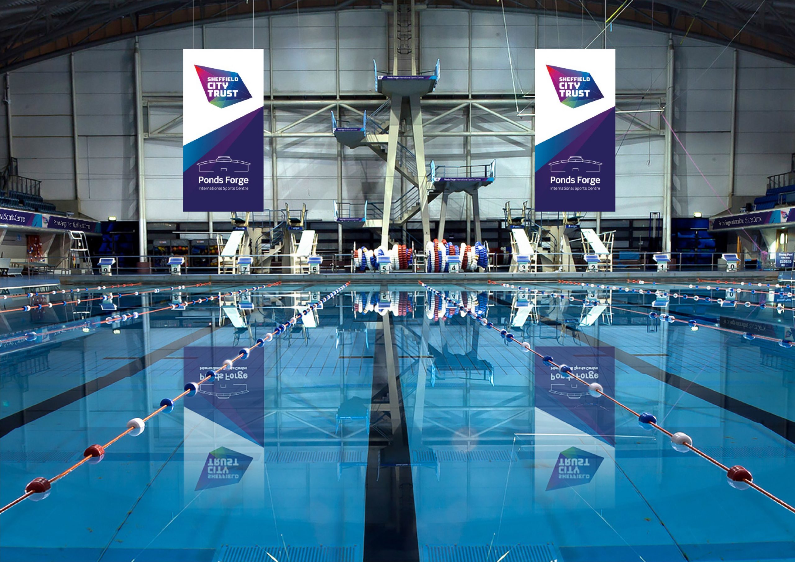 Sheffield City Trust flags at swimming pool, Ponds Forge