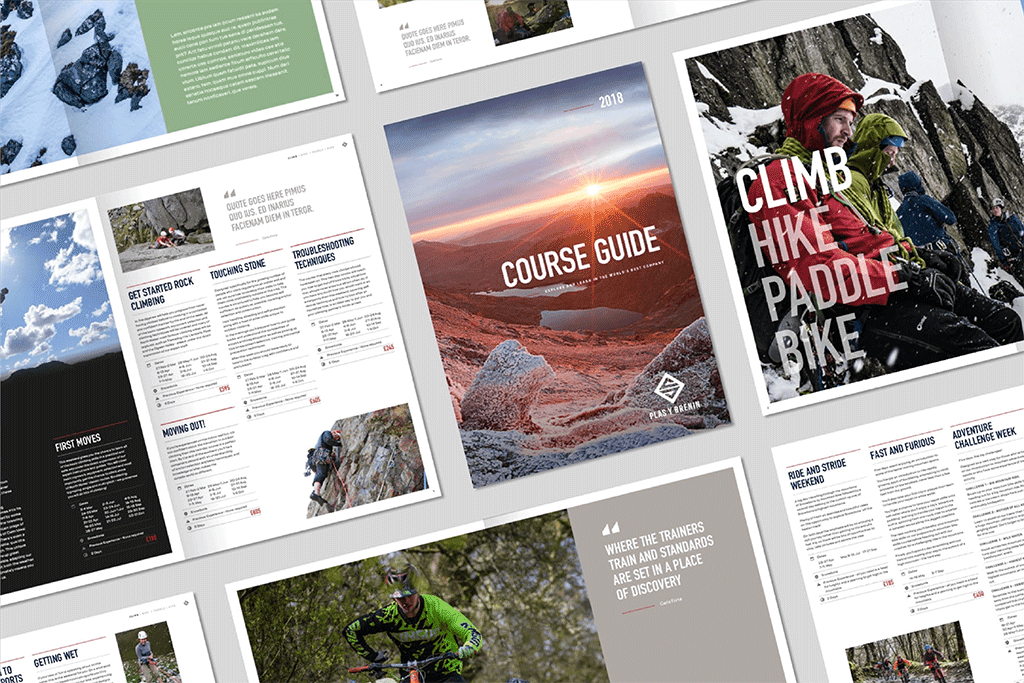 Printed brochure spread showcasing outdoor adventure company, Plas Y Brenin. It contains mountain photography and editorial design layouts.