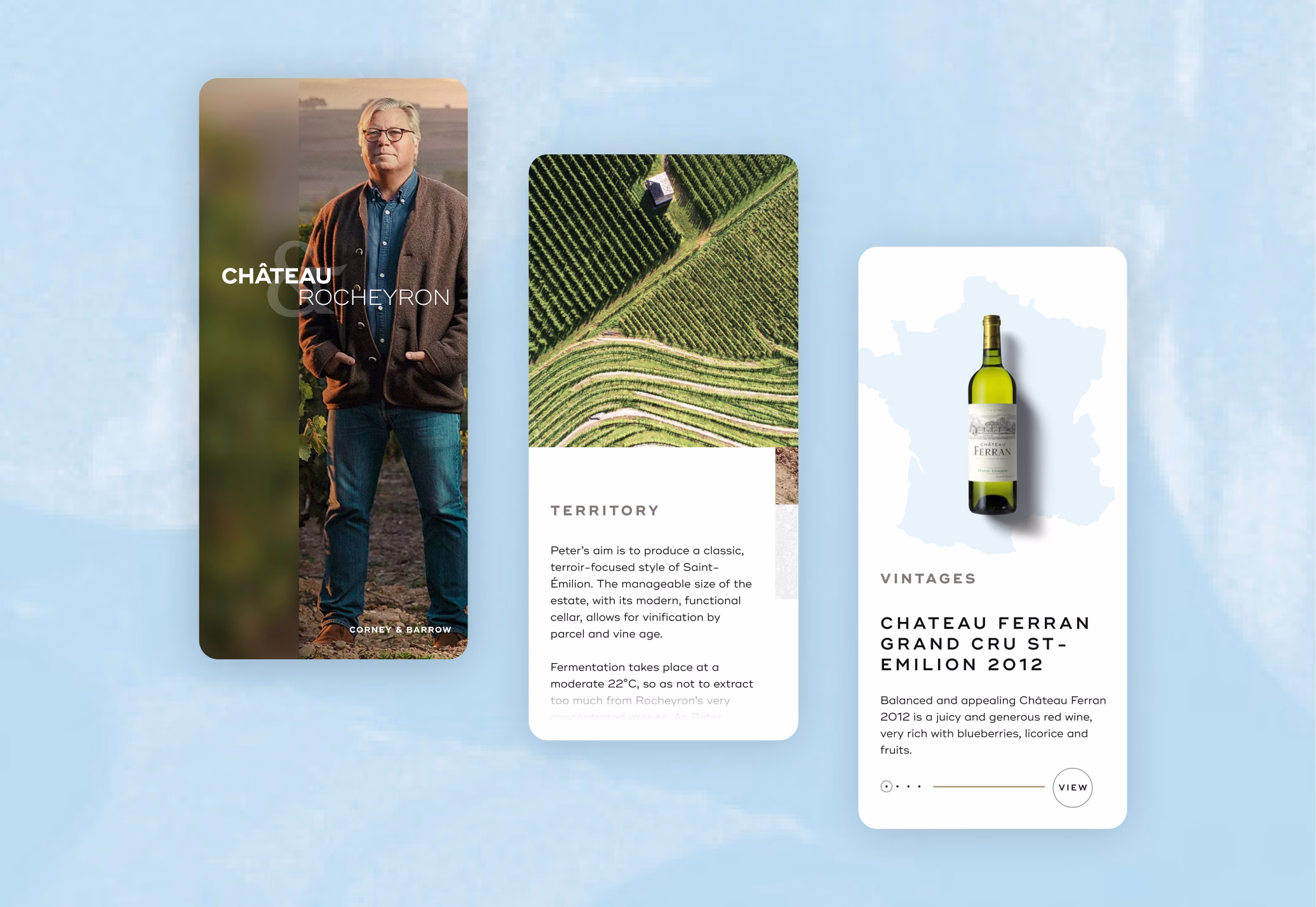 Mobile website concept displaying Corney & Barrow wine regions, editorial content and product information within a responsive smartphone layout.