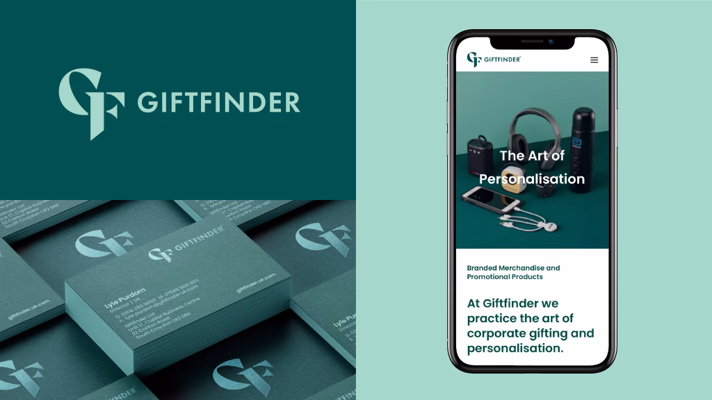 This image consists of design examples for the brand Giftfinder, a brand that provides corporate gifting and personalisation. The colour palette and design has been provided by Vivid Creative, a marketing and branding agency based in Sheffield's Kelham Island.