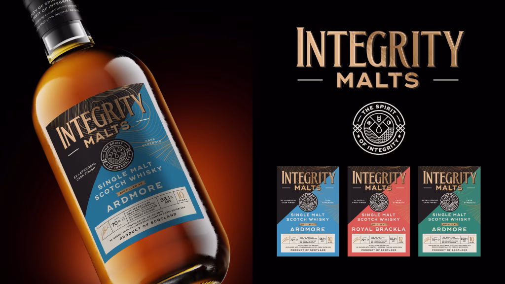 Integrity Malts: This is a design display for the brand Integrity Malts, an independent whisky producer and bottler. The image features three colour variations that align with whisky cask traditions. The colour palette and design has been provided by Vivid Creative, a marketing and branding agency based in Sheffield's Kelham Island.