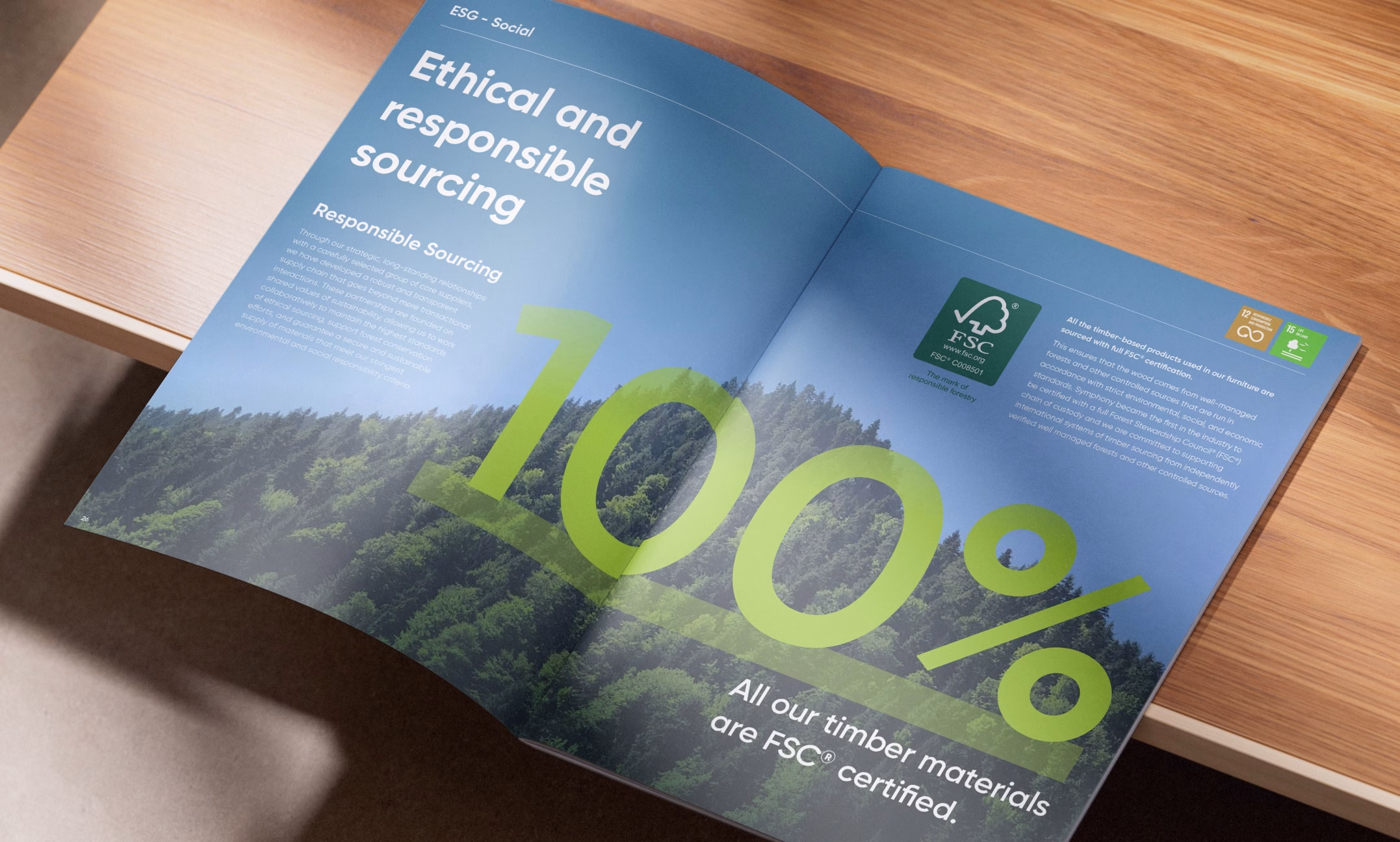 Open Sustainability Strategy brochure highlighting ethical and responsible sourcing with FSC-certified materials messaging.