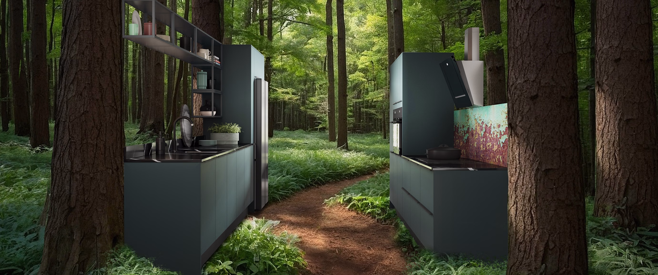 Contemporary Symphony kitchen installations positioned within a forest landscape to illustrate sustainable design inspired by nature.