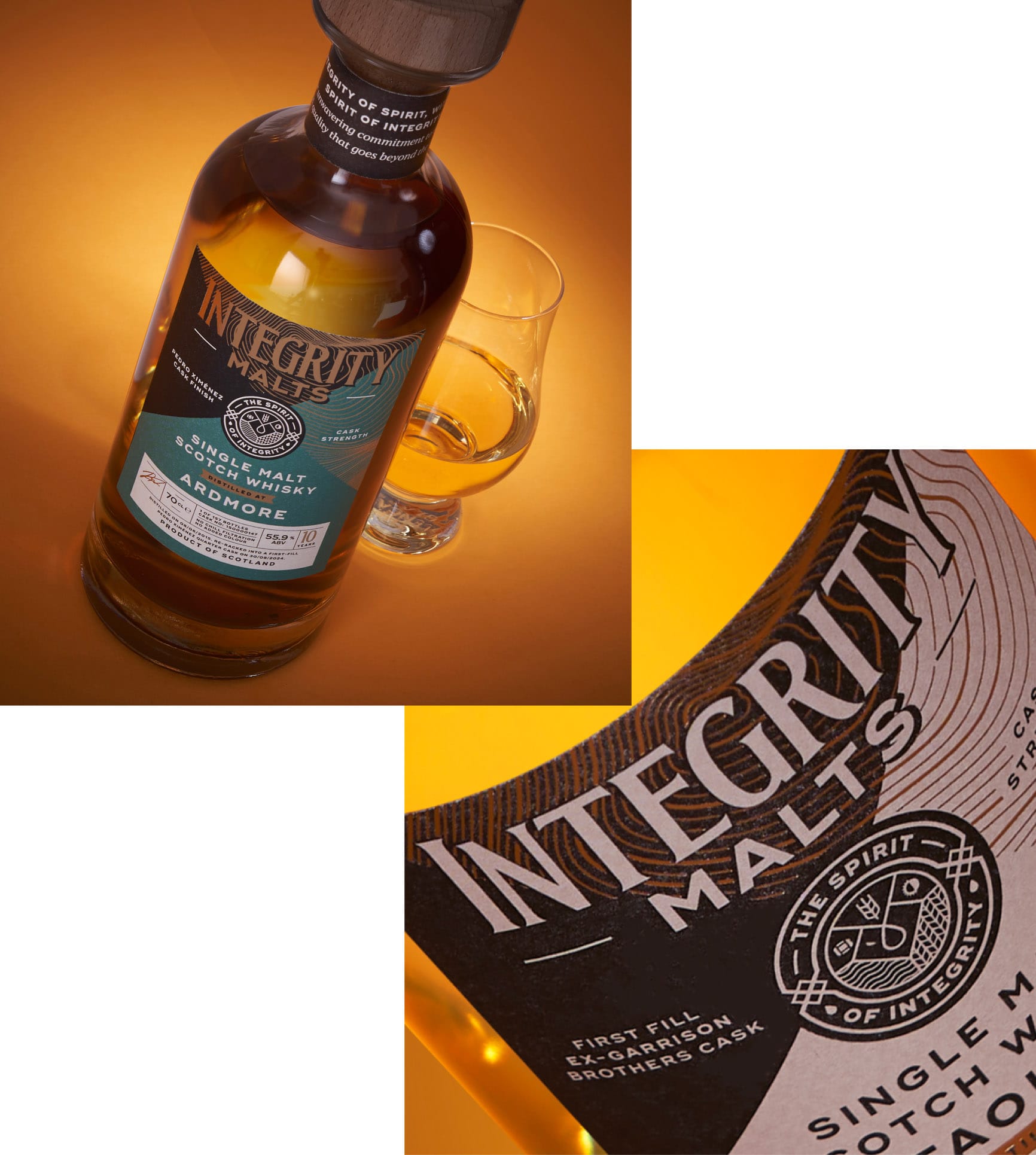 Premium Integrity Malts whisky bottle alongside a tasting glass with close-up branding details, presented in a warm amber-toned product photography collage.
