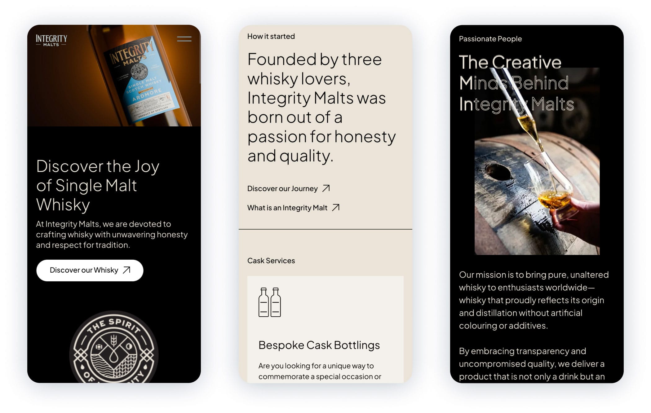 Mobile website concepts for Integrity Malts displayed across three smartphone mock-ups featuring whisky products, company story and brand content.