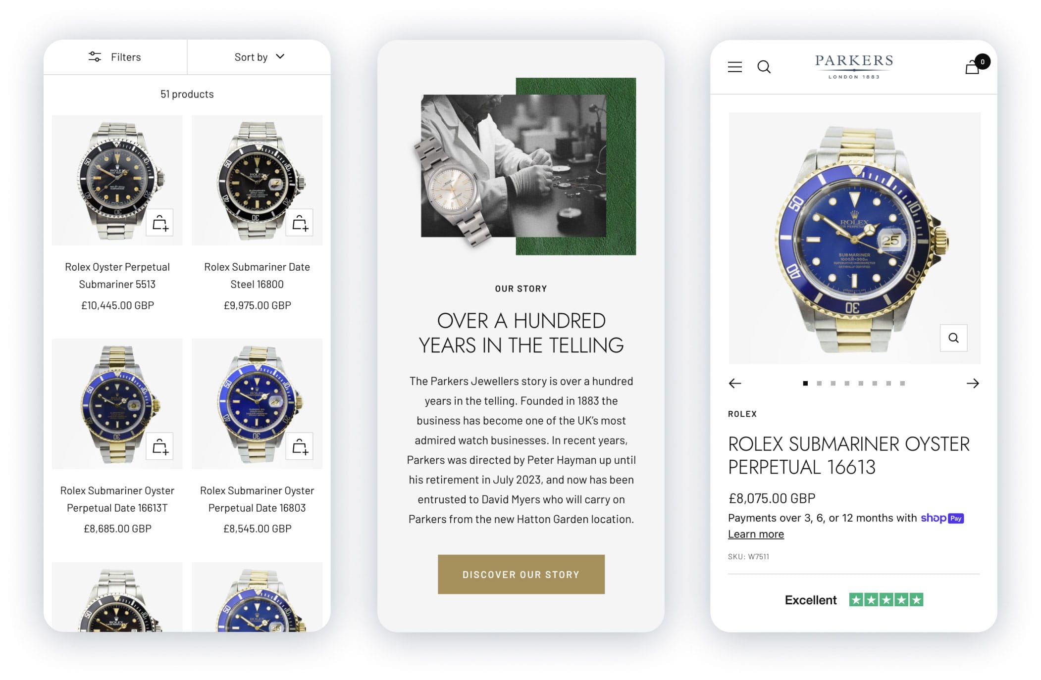 Three smartphone mock-ups displaying the Parkers Jewellers mobile ecommerce website, including product listings, company story and luxury watch product pages.