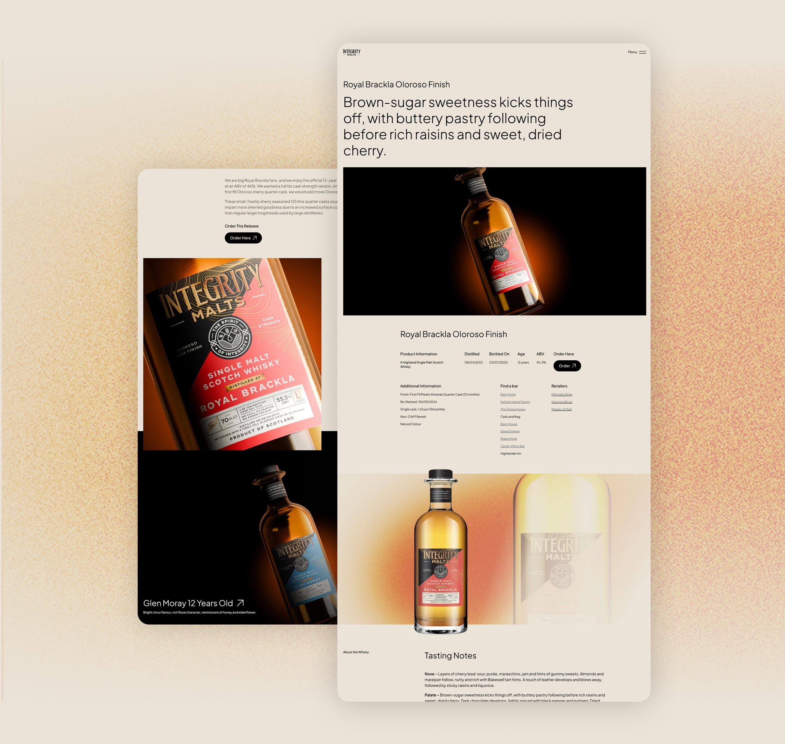 Mock-up of the Integrity Malts whisky product page displayed across layered website screens featuring premium bottle photography and tasting notes.