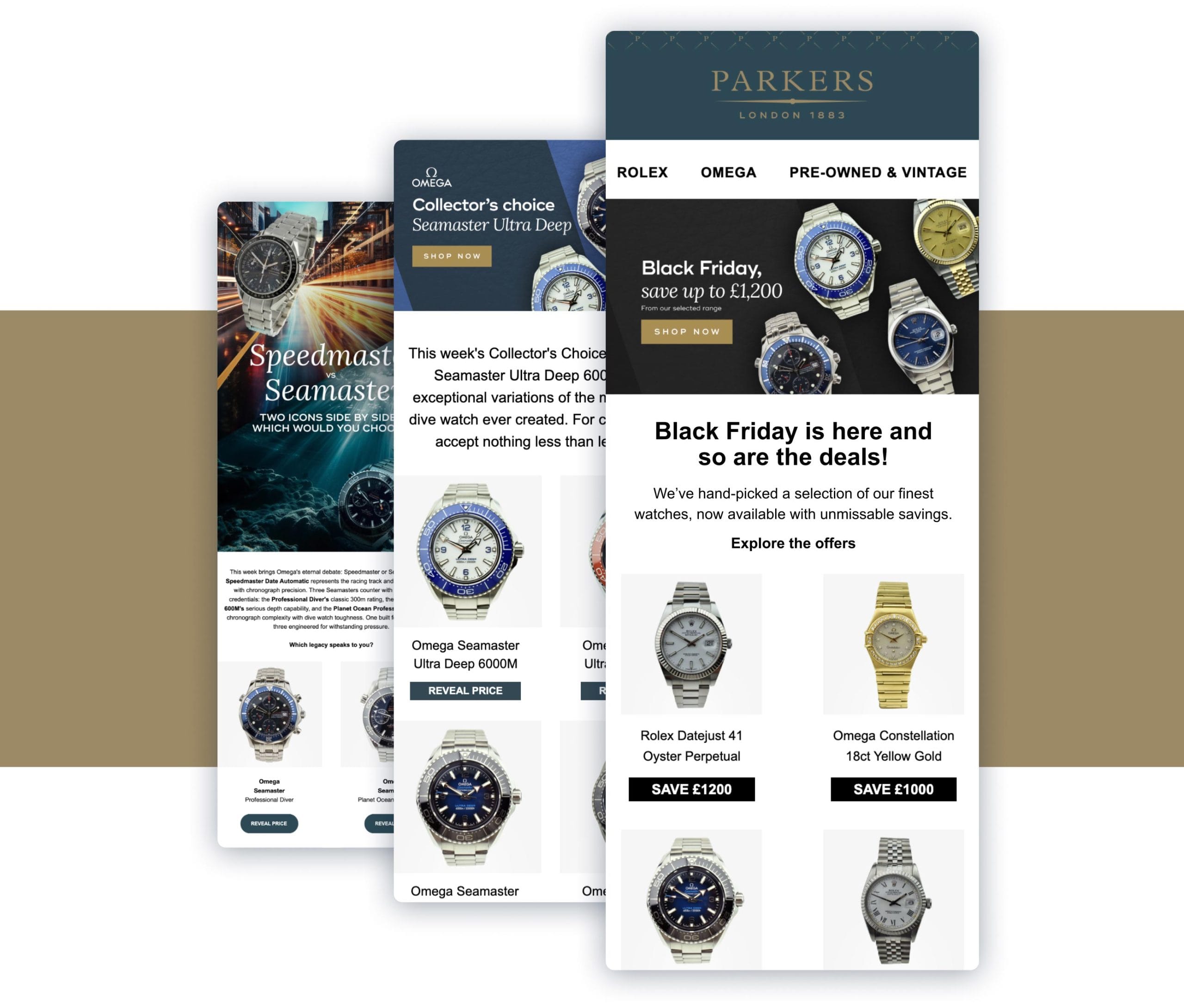 Luxury Parkers Jewellers email campaign mock-ups presented on a premium gold background, promoting Black Friday offers on pre-owned luxury watches.