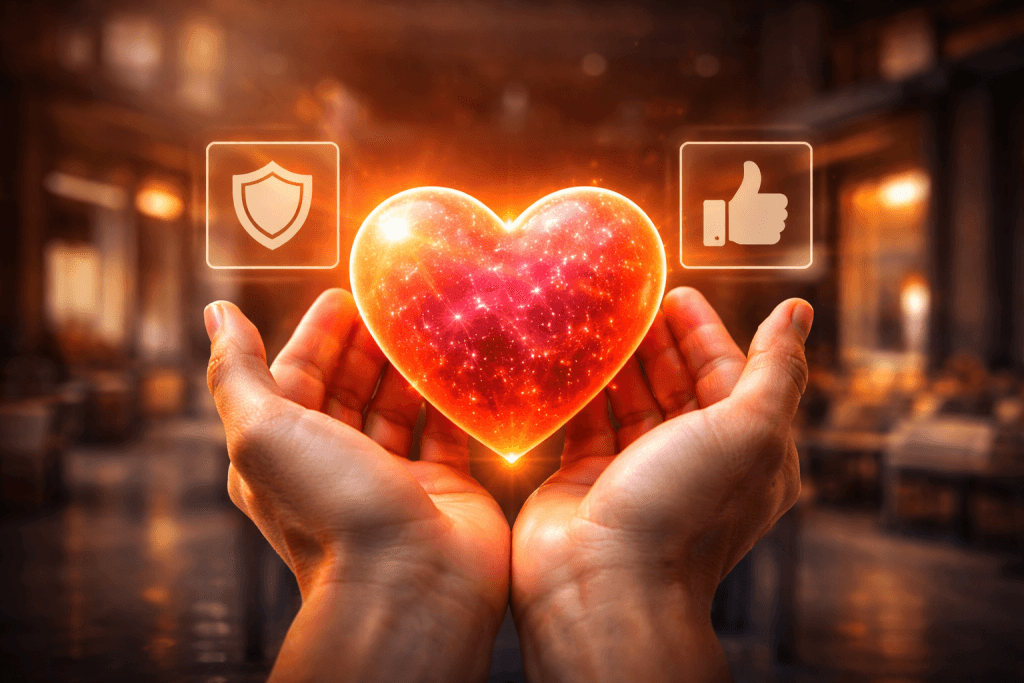 Hands holding a glowing heart surrounded by trust, approval and security icons, representing customer loyalty, brand trust and positive user experience.