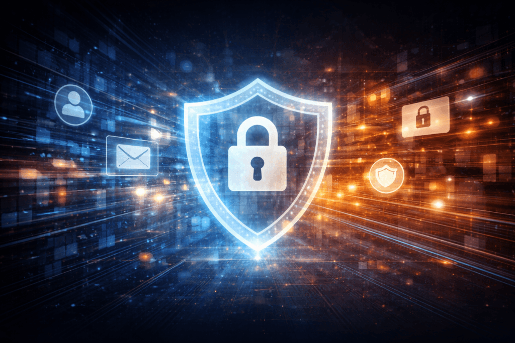 Digital cybersecurity illustration featuring a glowing shield and padlock surrounded by security, email and user icons, representing cyber protection and data security.