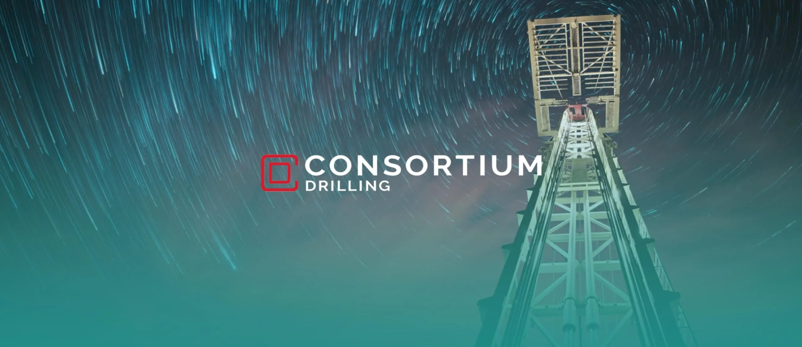 Consortium Drilling Logo sitting on top of a night sky with an oil rig in the background.