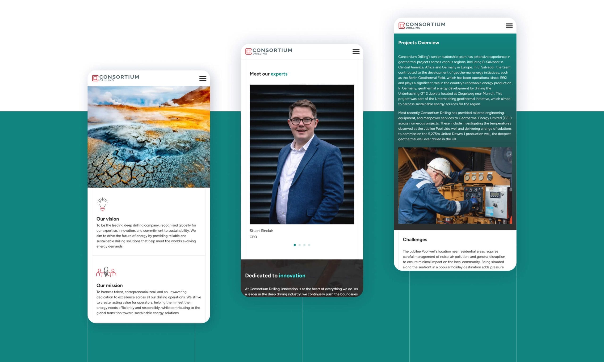 Responsive mobile website mockups for Consortium Drilling displaying project information, company leadership and engineering services across three smartphone screens.