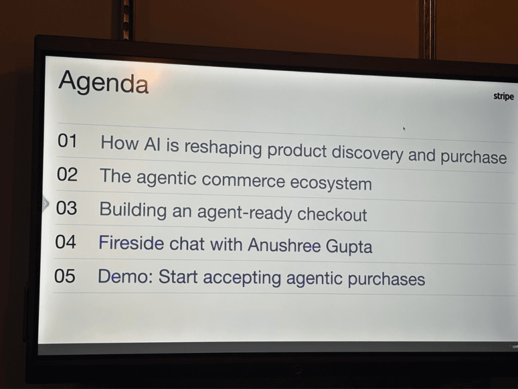 Presentation slide showing an agenda covering AI-powered product discovery, agentic commerce, AI shopping assistants and intelligent checkout experiences.