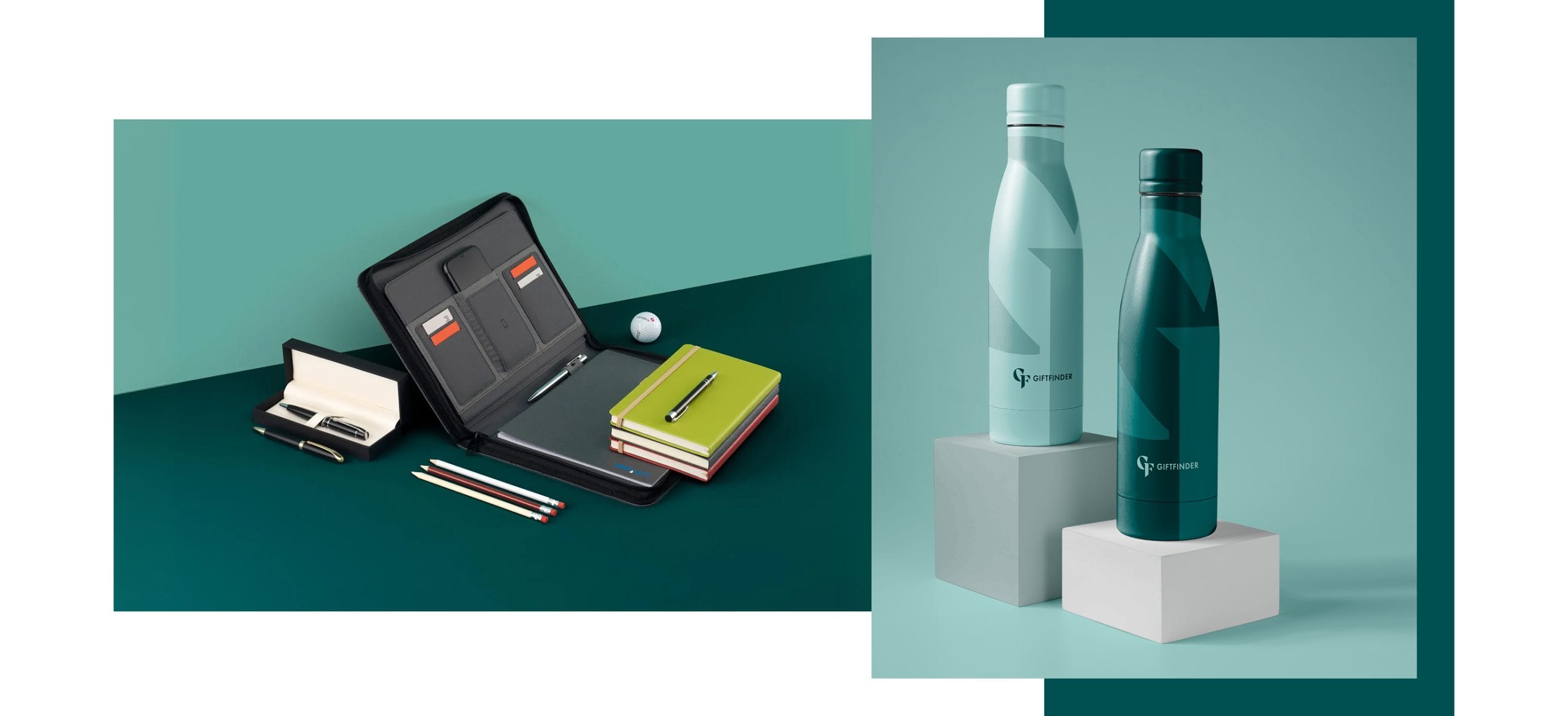 Collage of Giftfinder products. Seen is a presentation folder with pens, business cards and note pads. Secondly is two branded insulated water bottles