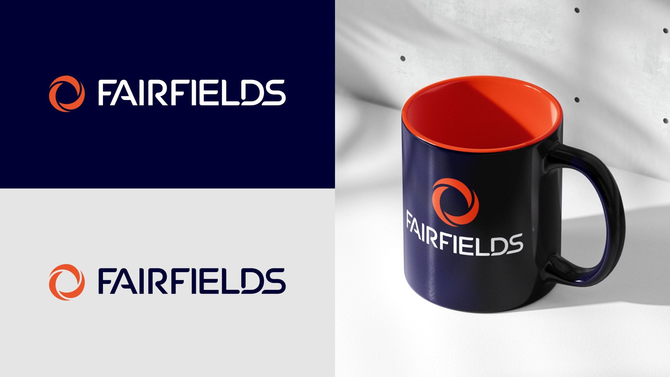 Fairfields branded stationery and promotional merchandise including a ceramic mug featuring the corporate identity and brand colours.