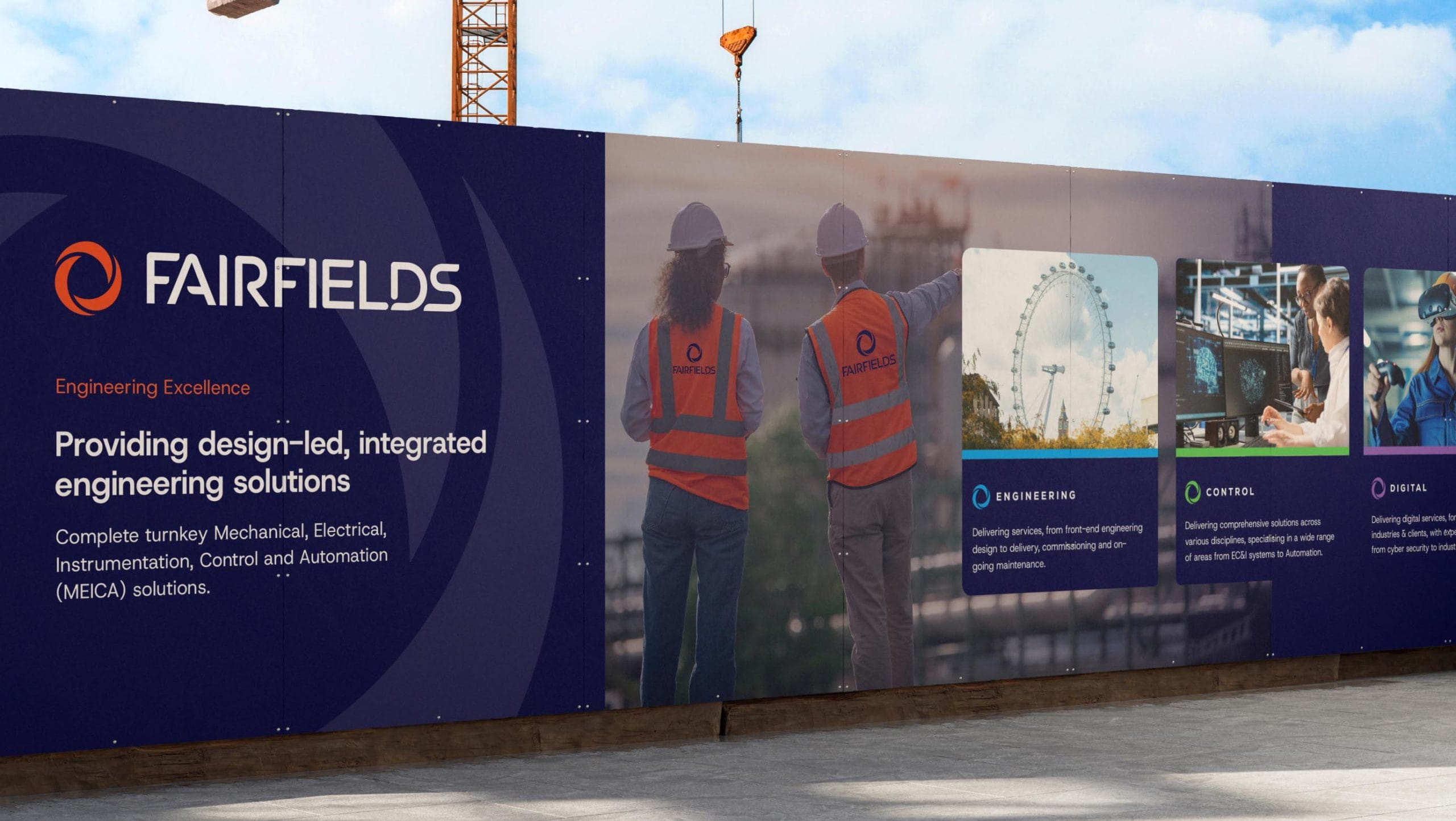 Large Fairfields hoarding, featuring engineers in high-visibility clothing alongside integrated engineering service imagery.