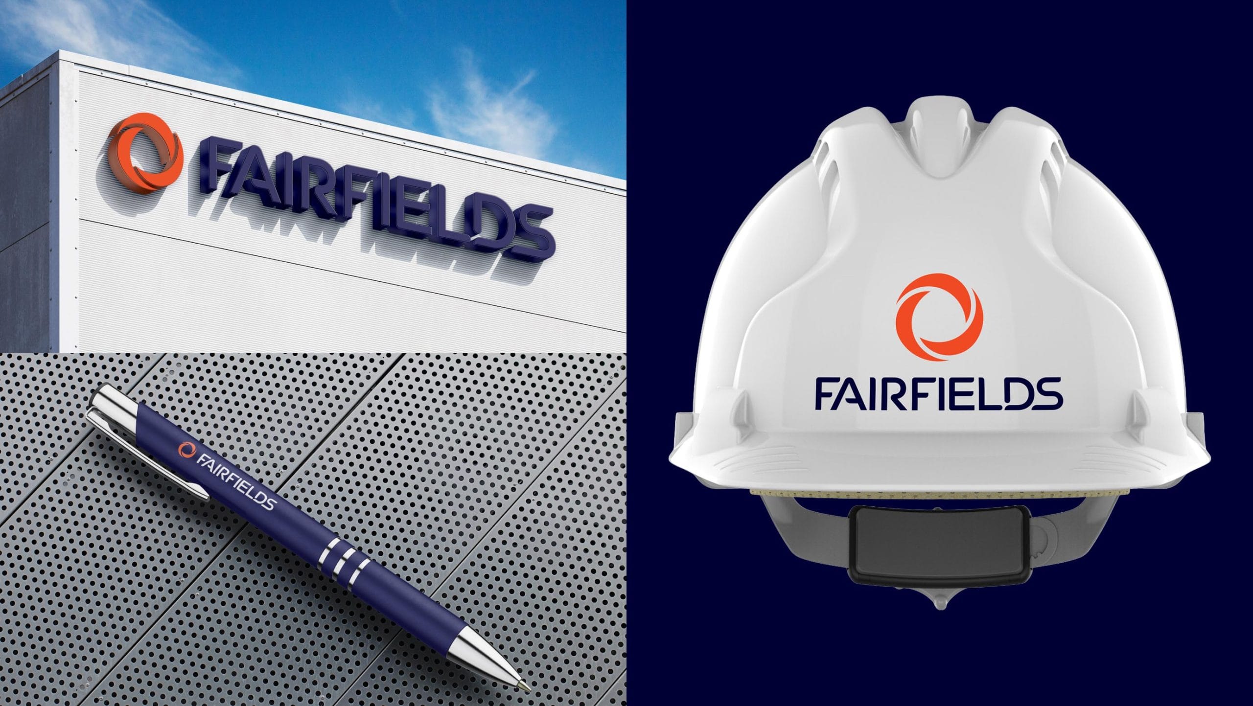 Close-up of Fairfields office exterior signage, branded pen and a white safety hard hat displaying the company logo.
