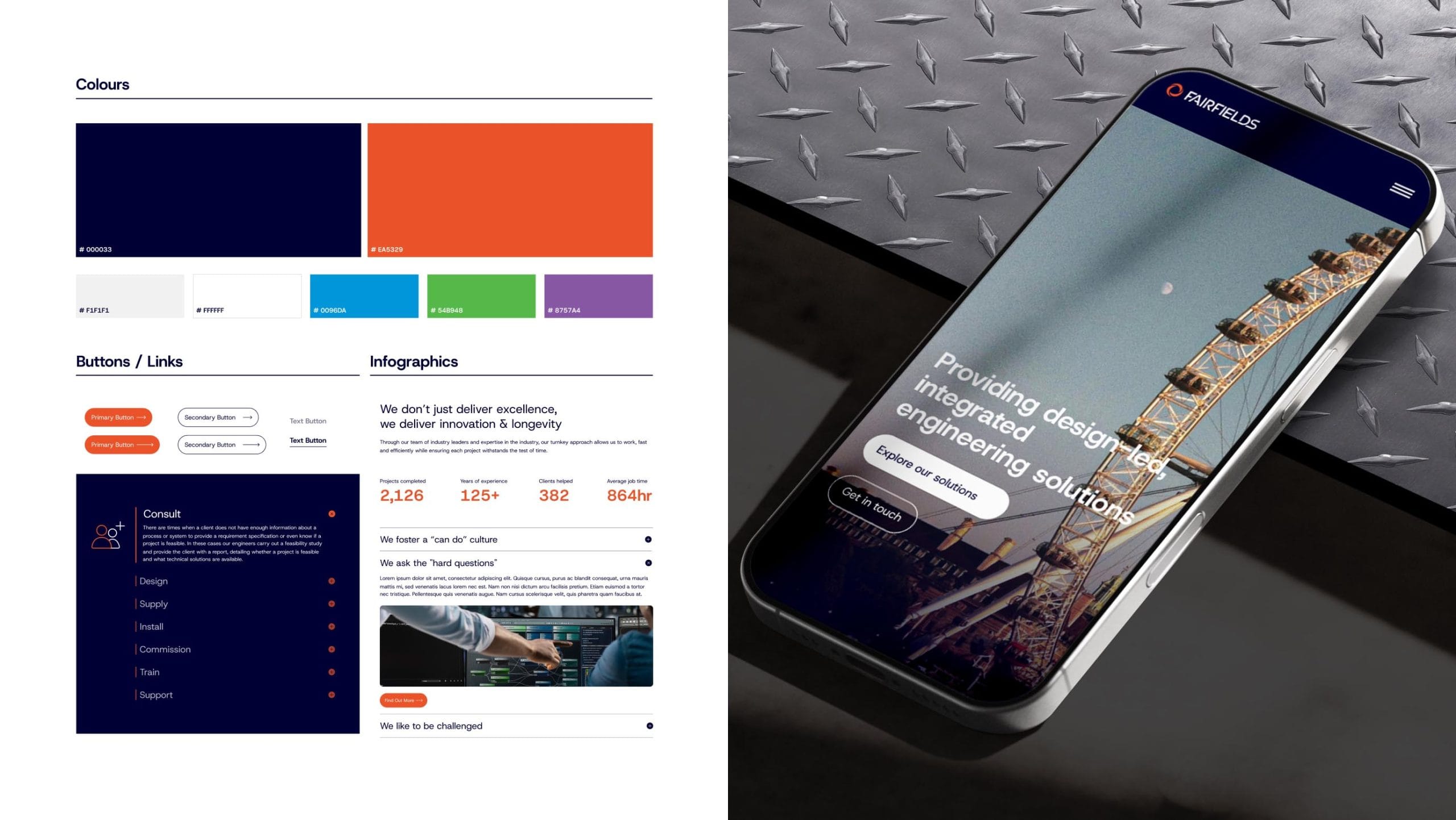 Fairfields brand identity presentation featuring colour palette, typography, stationery and printed marketing materials.