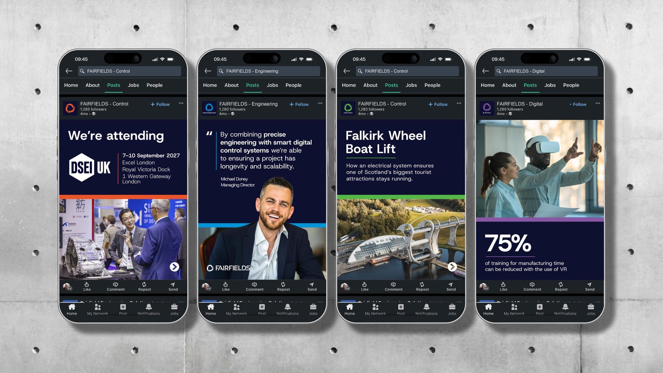 Series of smartphone mockups displaying the Fairfields LinkedIn posts with engineering news, services and digital content.