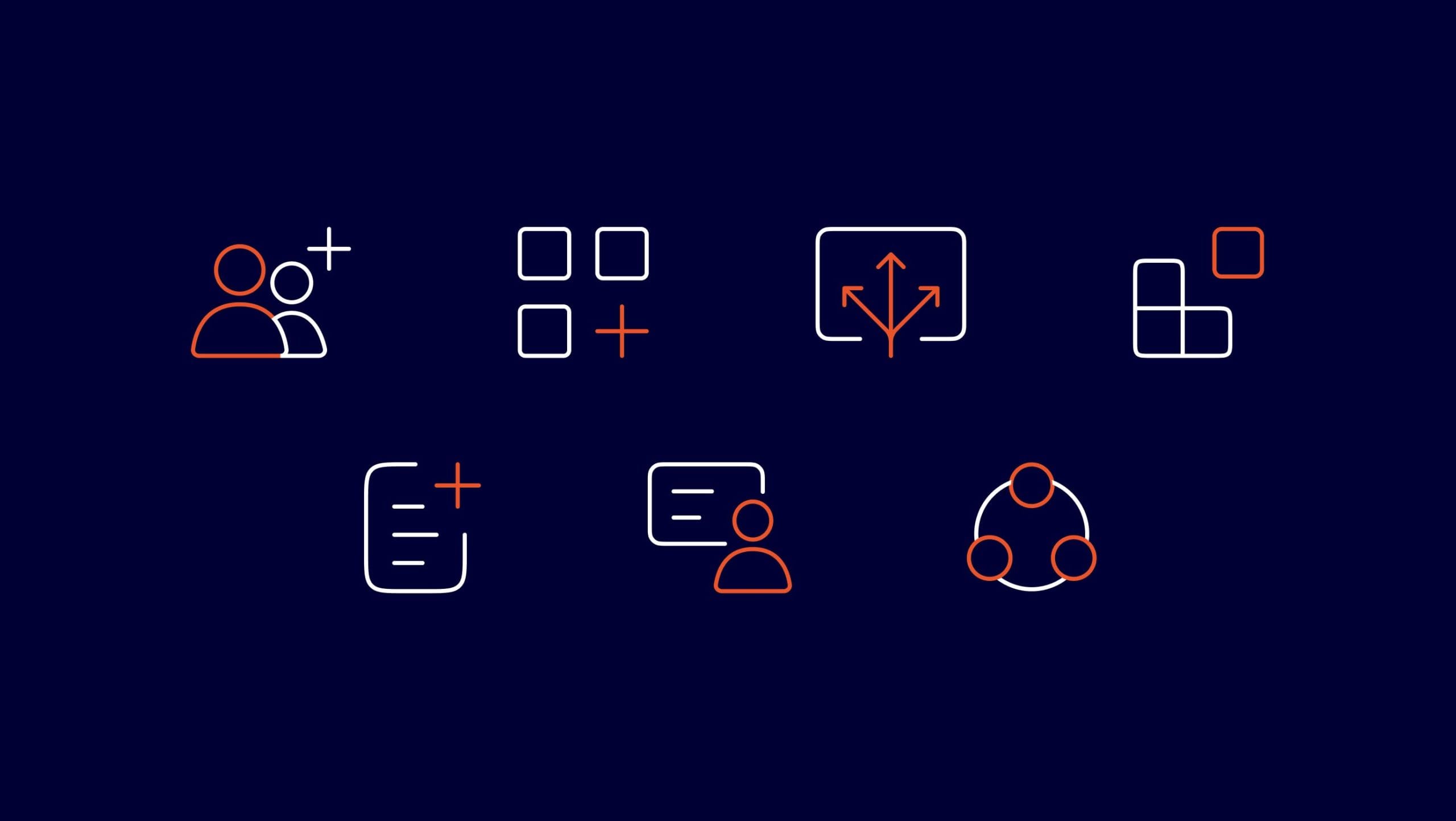 Set of custom Fairfields user interface icons displayed on a navy background representing engineering services, collaboration and digital technology.