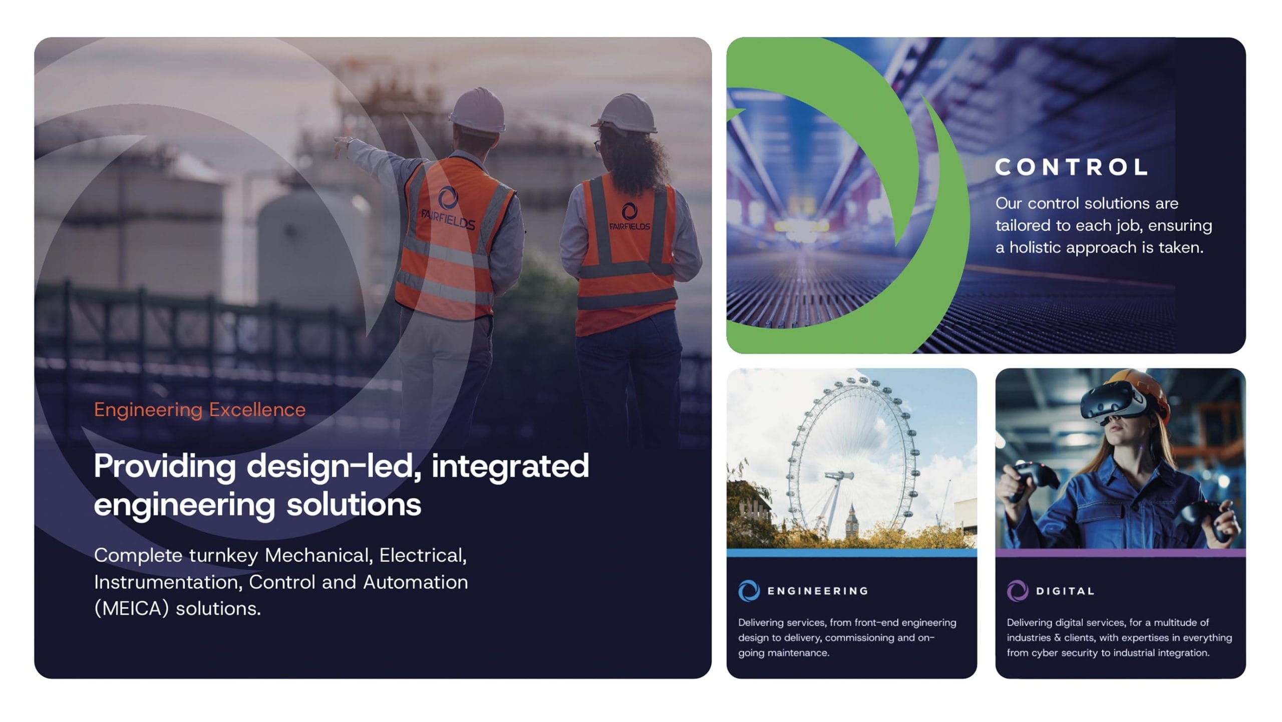 Corporate presentation graphic featuring engineering project imagery, integrated technology visuals and supporting photography in a branded layout.