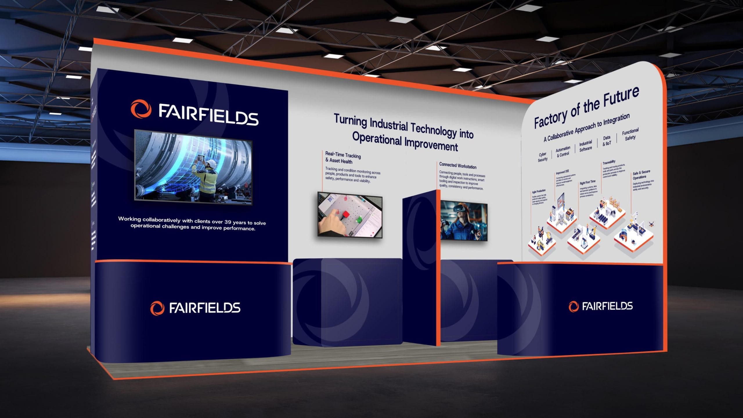 Fairfields exhibition stand at a trade show showcasing engineering solutions, digital displays and branded exhibition graphics.