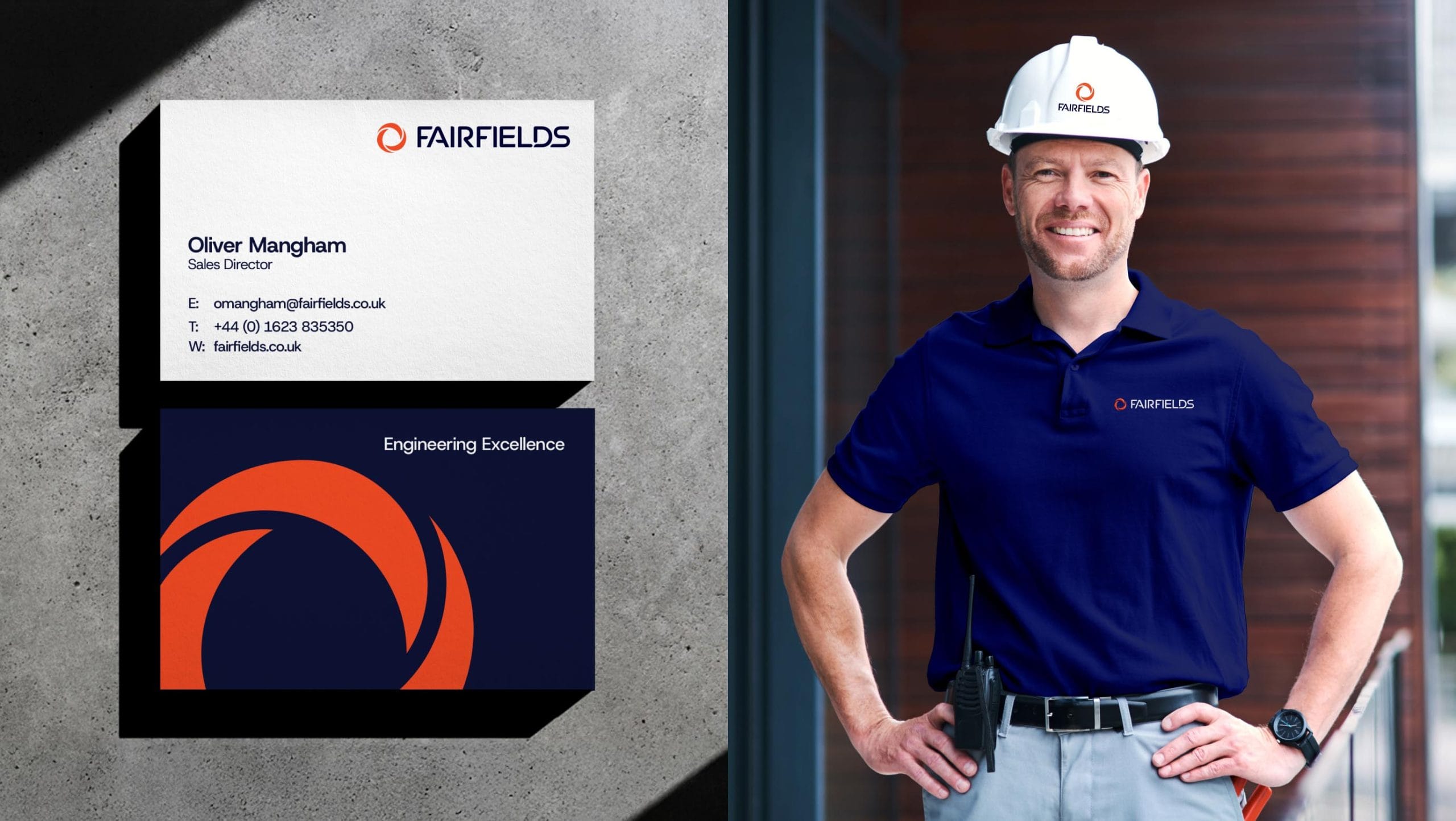 To the left a set of Fairfields business cards on a industrial, concrete, background. To the right: Professional engineer wearing branded PPE