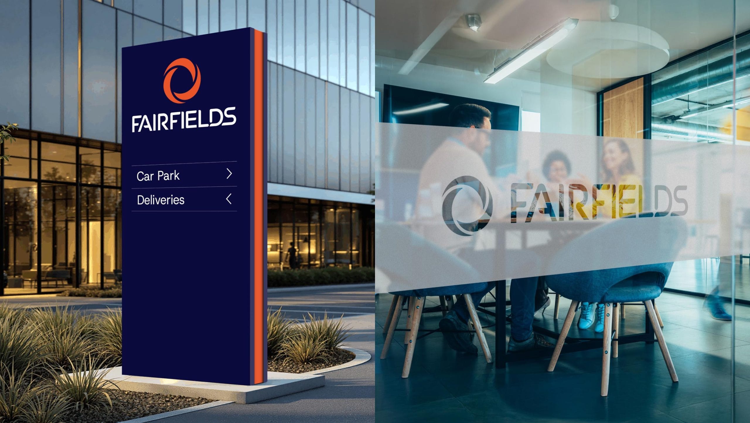 Modern Fairfields office signage and branded wayfinding graphics displayed within a contemporary corporate workspace.