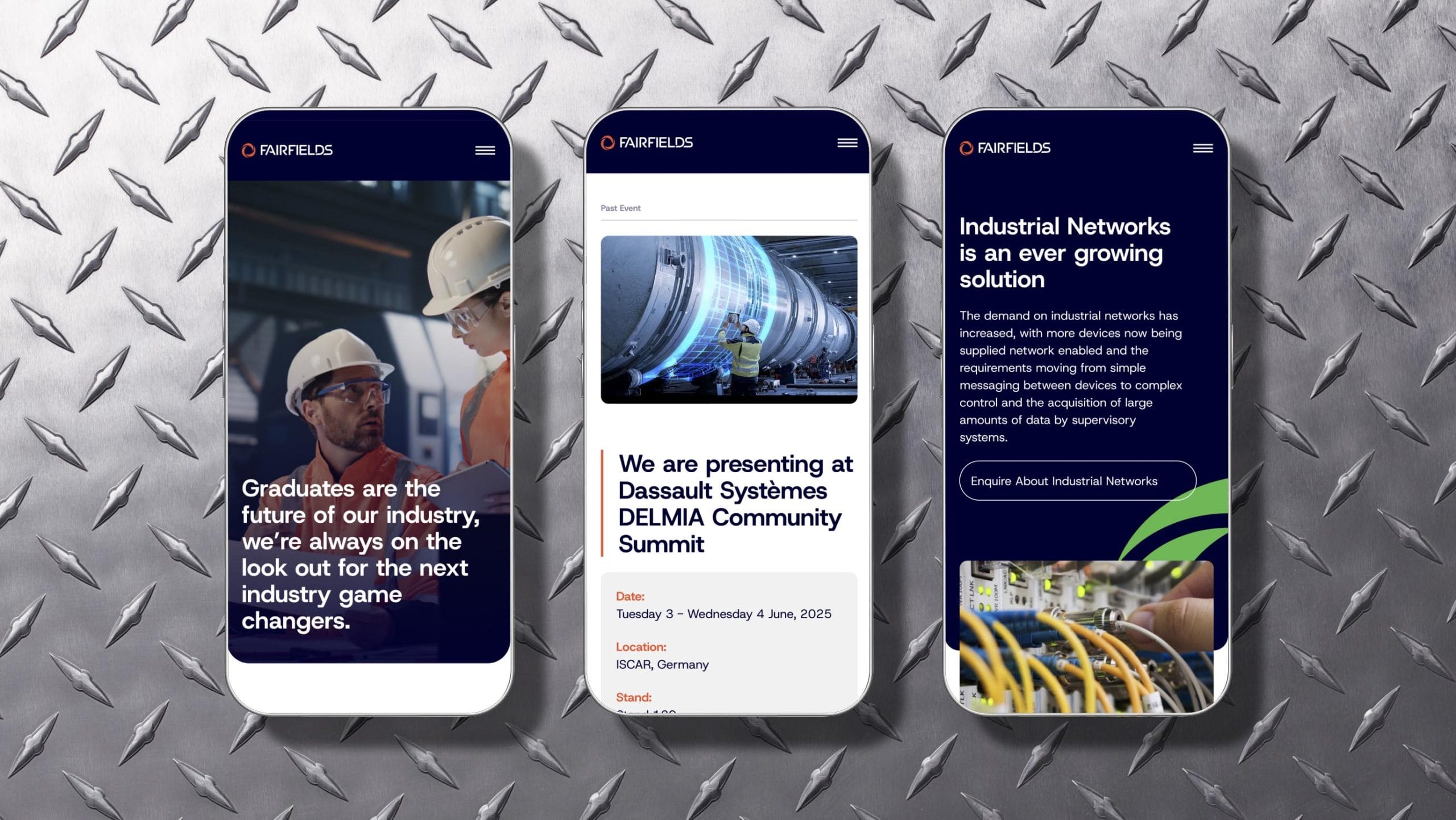Three smartphone mockups displaying the Fairfields engineering website, showcasing industrial services, news content and a responsive mobile website design against a textured steel background.