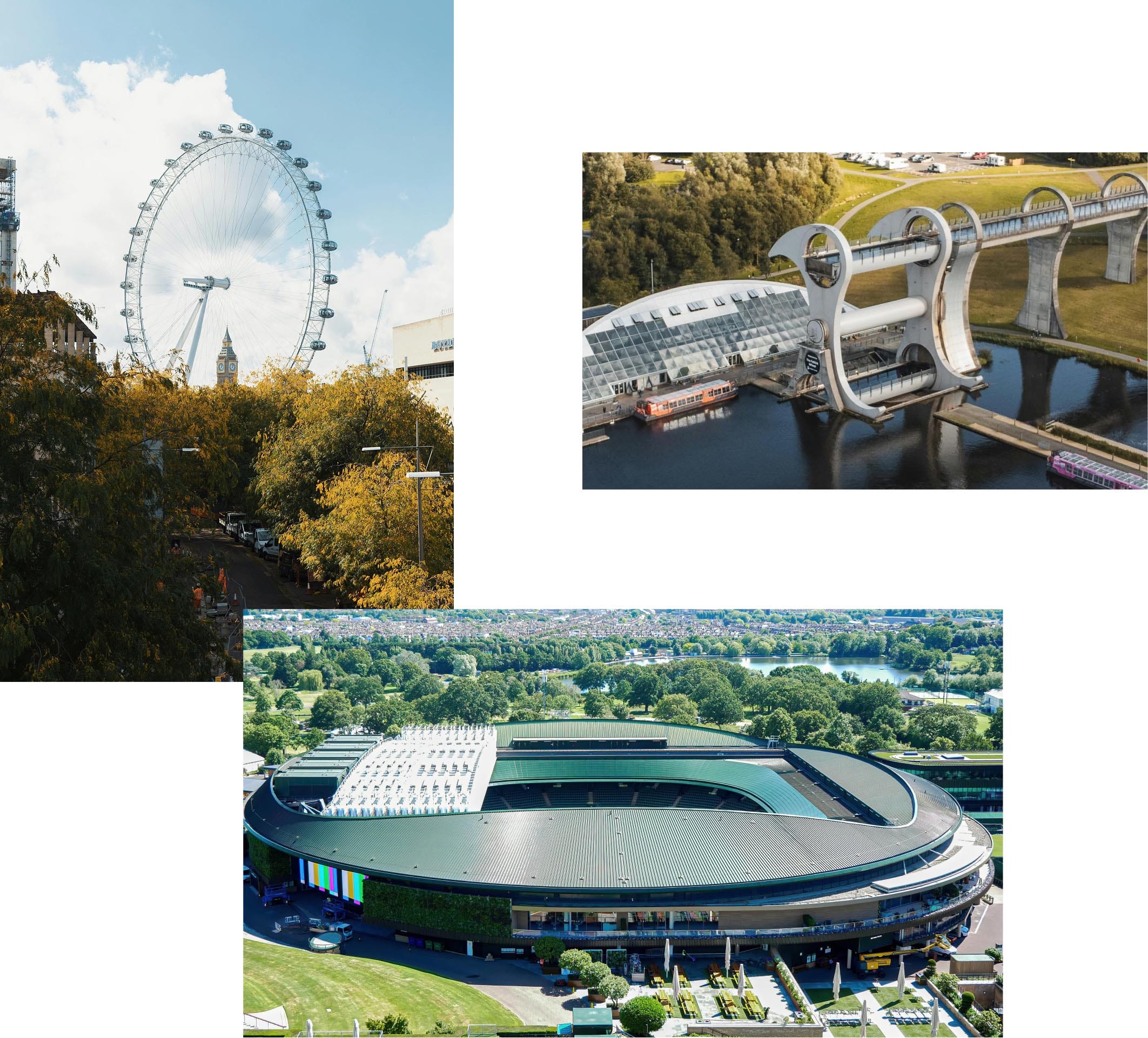 A trio of images showcasing the scale of Fairfield projects. They include, The London eye, Wimbledon Centre Court and Falkirk wheel