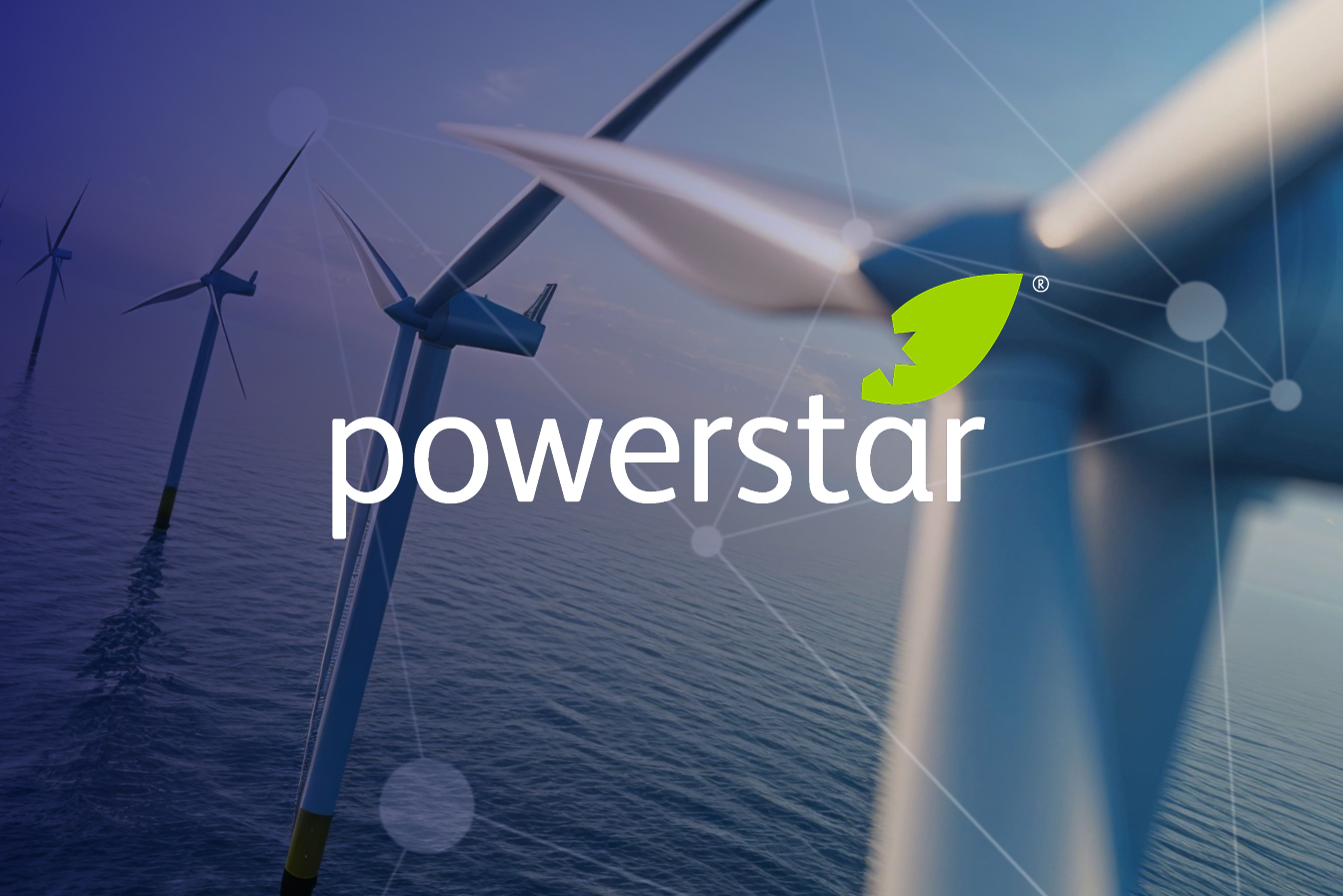 Wind turbines at sea, beneath the Powerstar logo and an abstract plexus, representing renewable energy and sustainable power solutions.