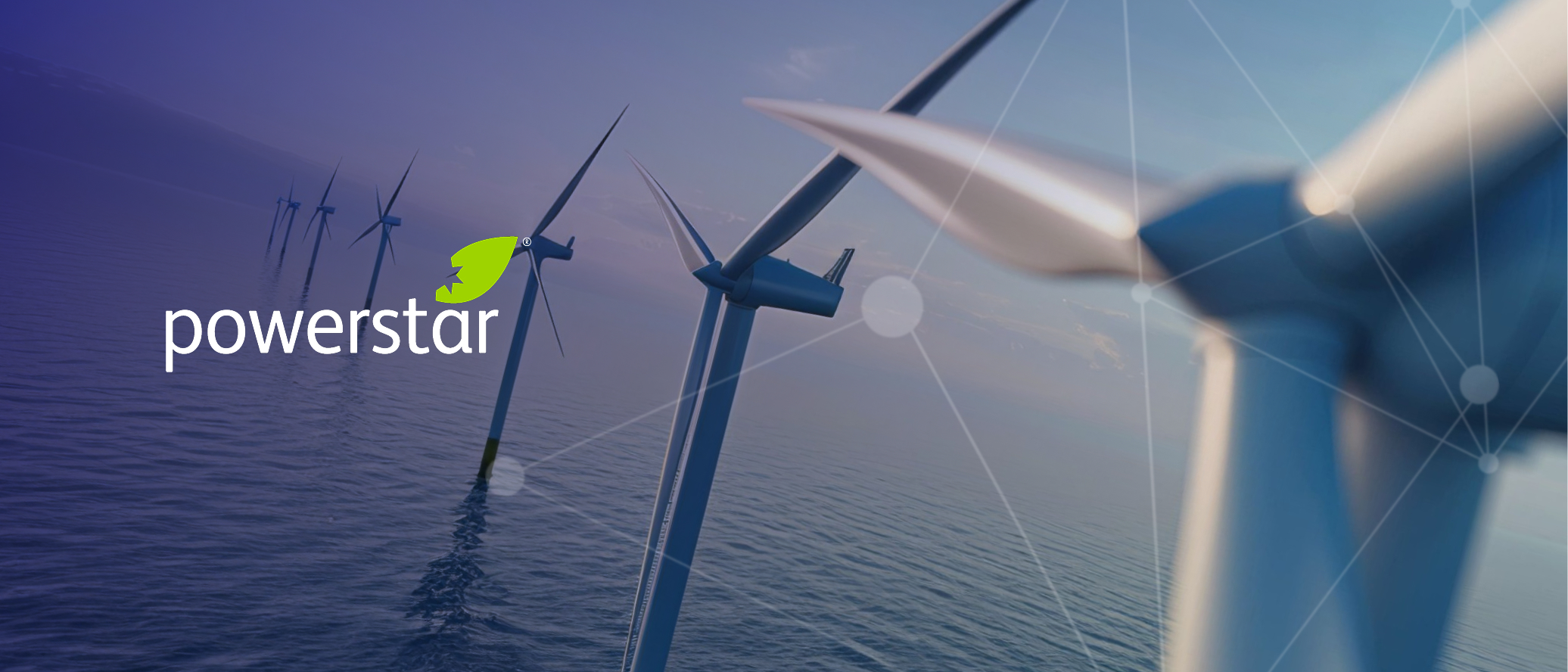 Wind turbines at sea, beneath the Powerstar logo and an abstract plexus, representing renewable energy and sustainable power solutions.