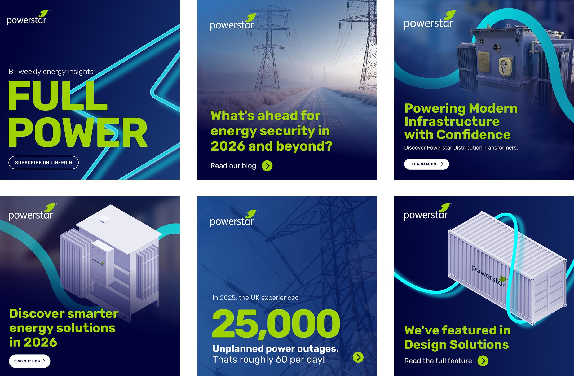 Collection of Powerstar branded social media graphics promoting energy technology, sustainability and renewable innovation.