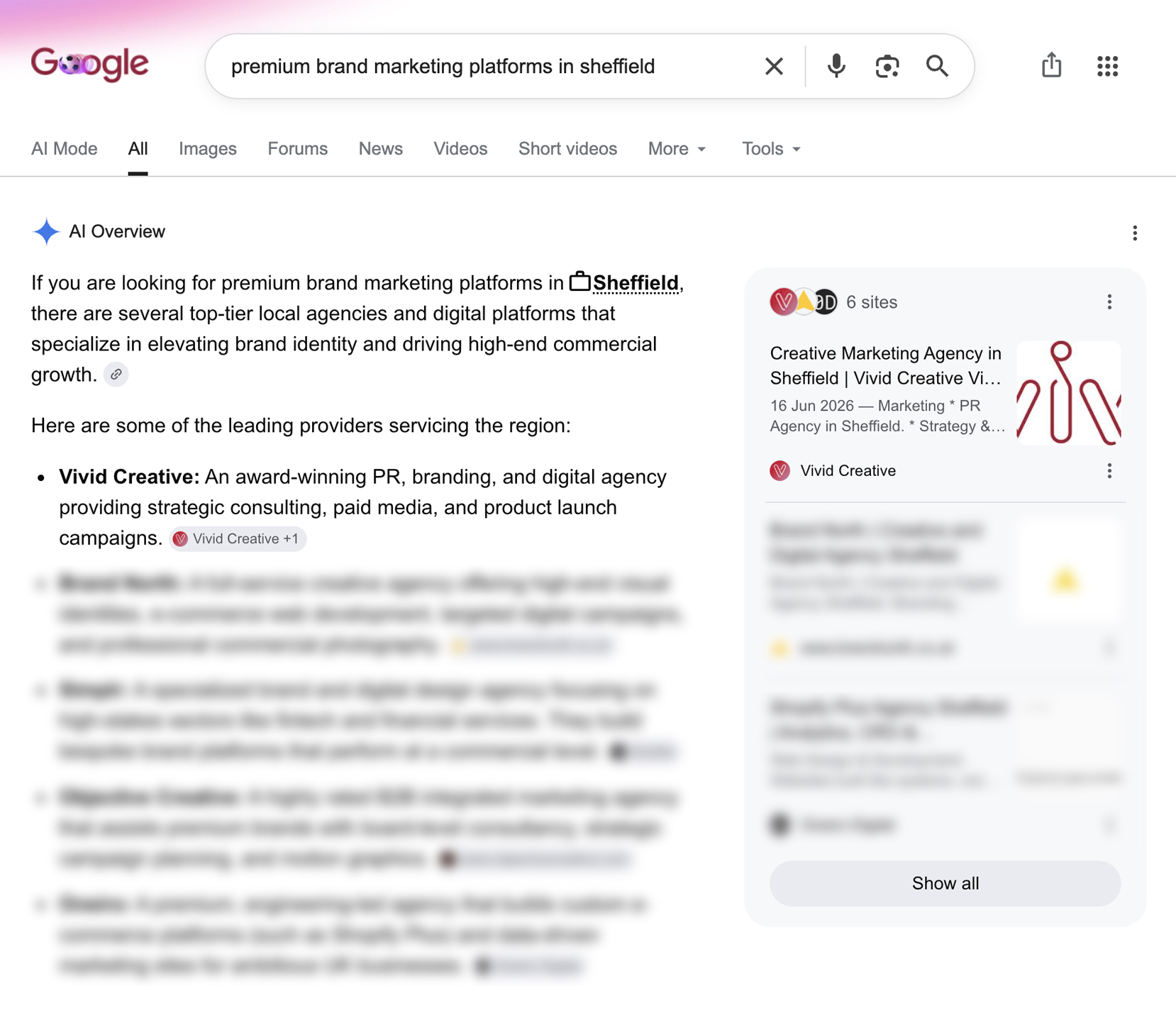 Article screenshot explaining Answer Engine Optimisation with highlighted search results and AI search content. The example shows Vivid ranking first in AEO results for 'premium brand marketing platforms in Sheffield'