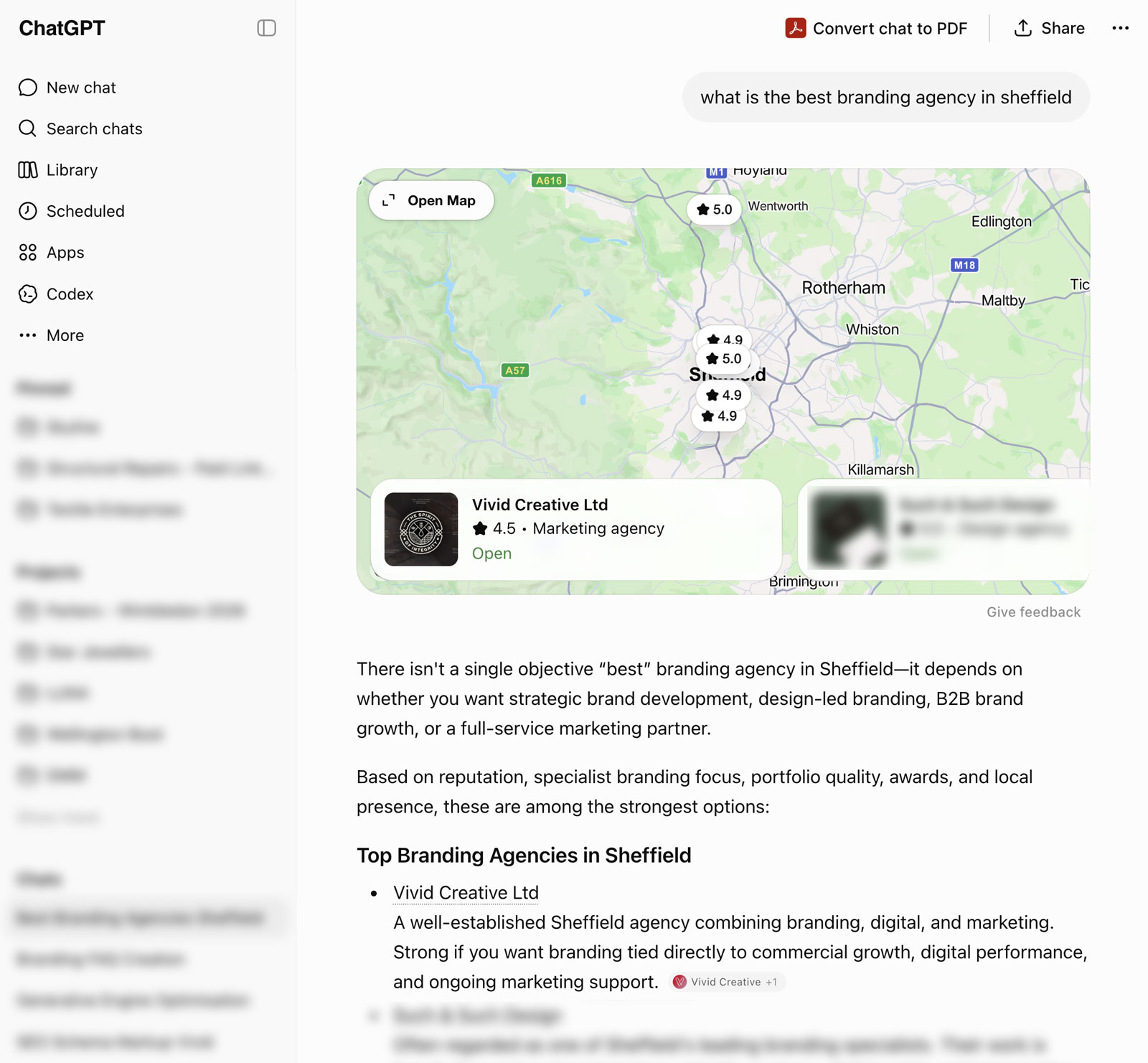 Guide explaining Generative Engine Optimisation with map listings and AI-powered search visibility examples. Vivid rank top results for 'Best Branding Agency in Sheffield'