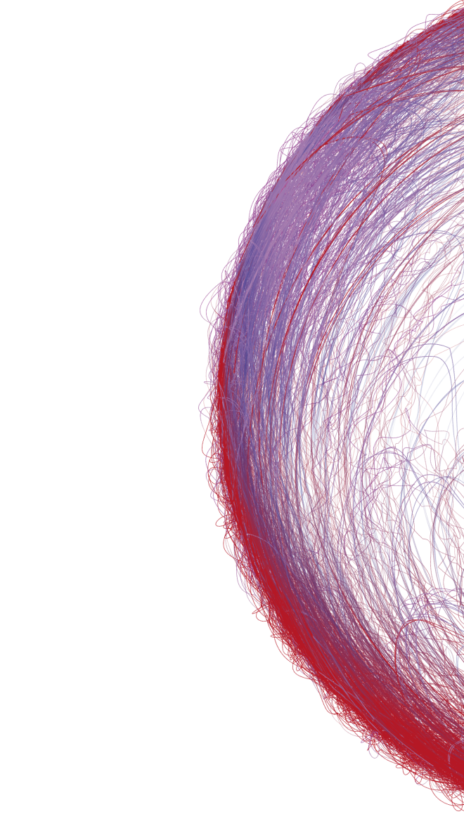 Abstract red and purple circular fibre illustration symbolising creativity, knowledge and technology.