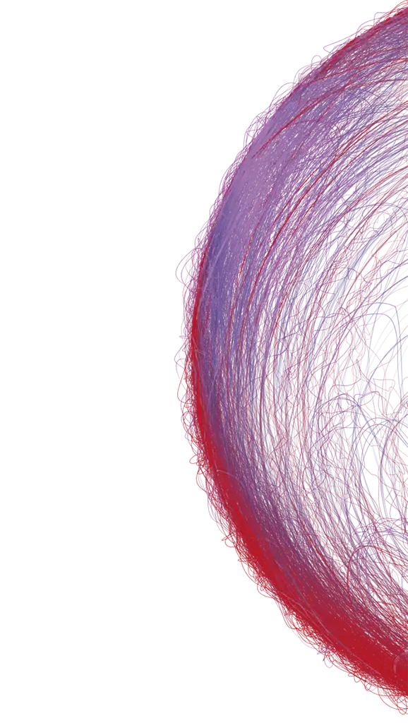 Abstract red and purple circular fibre illustration symbolising creativity, knowledge and technology.